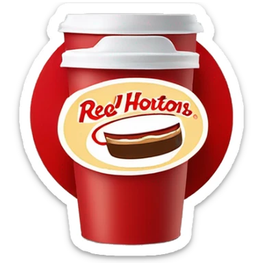 “Red Tim Hortons coffee cup with large white ‘Tim Hortons’ logo in script, black plastic lid, and a simple, clean design.” sticker