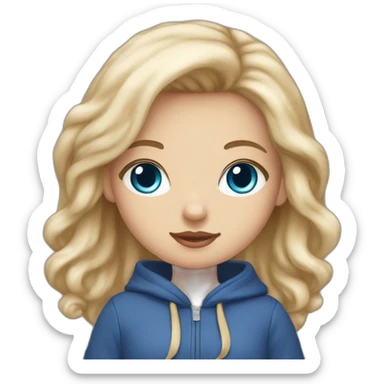 A girl have blue eyes and dark blonde hair and wearing a hello kitty hoodie sticker