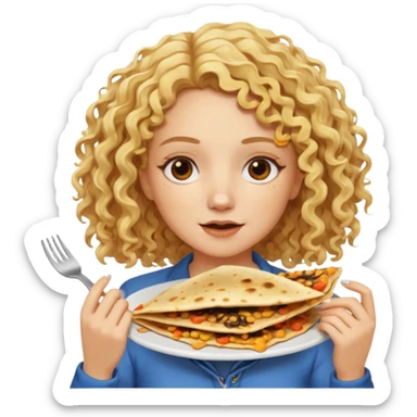 mujer con pelo rubio rizado comiendo quesadillas quemadas. sticker