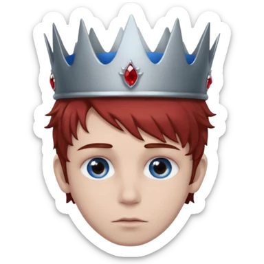 grey boy head with right eye blue and left eye red. he has messy brown hair and a silver crown with rubies on it sticker