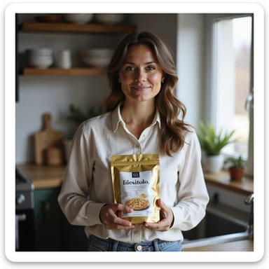 woman in kitchen holding a package with the word 'Inositolo' clearly visible, normal and serene appearance, bright environment, realistic photography, natural light sticker