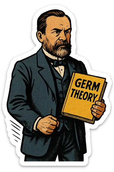 A doctor from the late 1800s standing with a book about the Germ Theory in his hand sticker