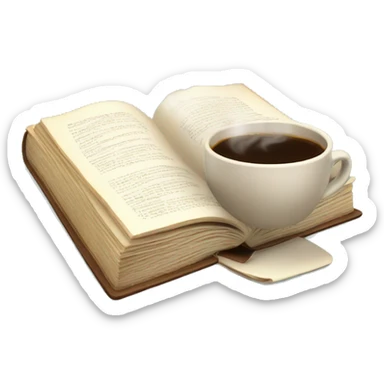 An open book on desk with cup of steaming coffee  sticker
