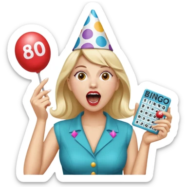 woman shouting bingo with bingo card sticker