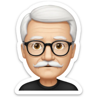 An elderly man with white hair and mustache, wearing black glasses sticker