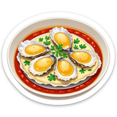Fujian oyster omelette with red sauce, simplified emoji style with bold outlines and bright colors, cartoon style Xiamen street food sticker