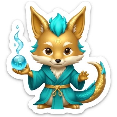 Chibi teal fox-dragon emoji with small antler horns, confident magical expression, gold mark on forehead, teal-gold robe, holding glowing blue water orbs, with dragon tail sticker