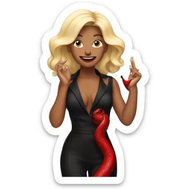 Blonde female singer singing in a black and red snake jumpsuit sticker
