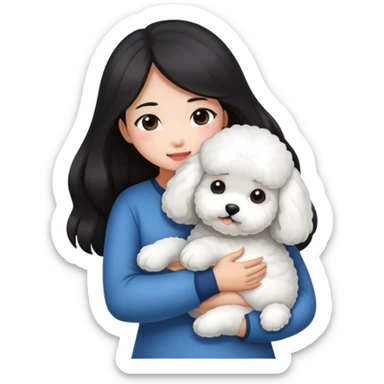  Asian girl with long dark hair hugging a white bichon sticker