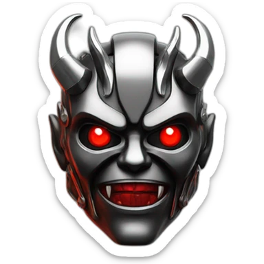 chrome demon with red lazer eyes and letter B on the face, 3d, portrait, black background sticker