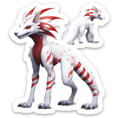 White edgy cute badass epic anthro modern albino sergal-vernid-Fakémon with red mane and red eyes with red edgy stripe patterns, full body sticker