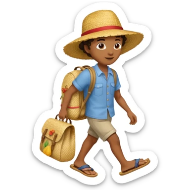 Créole réunionnais chapeau paille tong au pieds et sac a dos en rafffia sticker