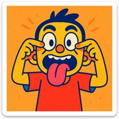 cartoon character performing the eyelid pulling gesture with tongue out, exaggerated expression, vibrant toon style sticker