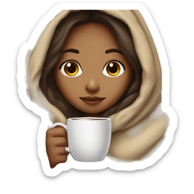 brunette girl covered in blanket holding hot cocoa / coffee sticker