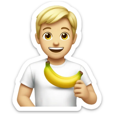 smiling boy in white shirt eating banana sticker