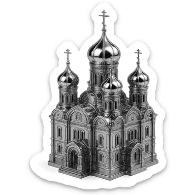 stylized chrome Orthodox cathedral with onion domes, intricate details, and a polished finish sticker