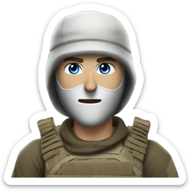 White male, call of duty black mask, camo tactical gear, tan combat boots, black beanie, blue eyes sticker