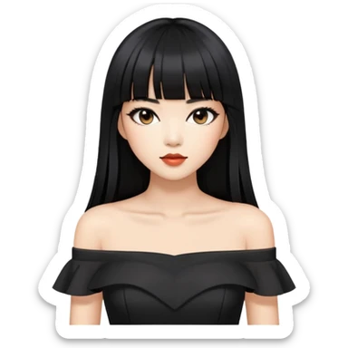 fashionable woman with Asian skin tone, long straight black hair with straight bangs, black off-shoulder outfit, and stylish makeup sticker