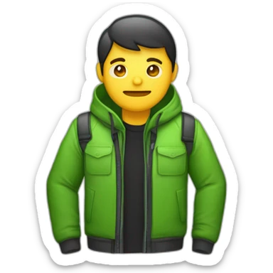 emoji seorang programmer, berkacamata, rambut hitam, kumis tipis, memakai jaket hijau, memakai ransel dan memegang laptop sticker