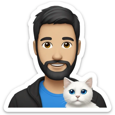 A guy with a black earing and black short hair and black beard and holding a all white Siberian cat with blue eyes  sticker