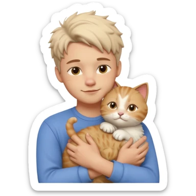 "Apple Memoji style 3D character, a young man person gently petting and hugging a cute fluffy cat, peaceful and happy facial expressions, soft studio lighting, clean 3D clay render, vibrant colors, minimalist aesthetic, high detail, high resolution, isolated on a plain white background." sticker