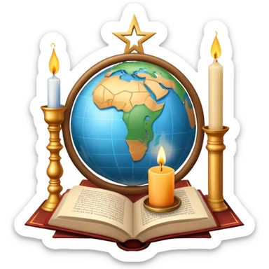 An icon featuring a holy book, a candle, a cross, and Islamic crescent and star, alongside a Buddhist wheel of Dharma, symbolizing religious studies. The design includes a globe with these symbols, representing the diversity of beliefs. Transparent background  sticker