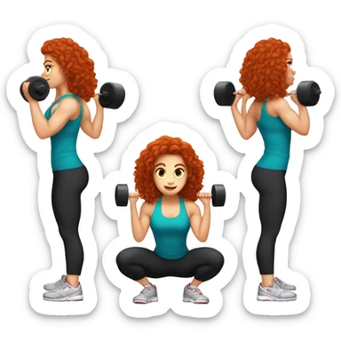 Sporty white Girl coach with long curly red hair doing squat with heavy weights sticker