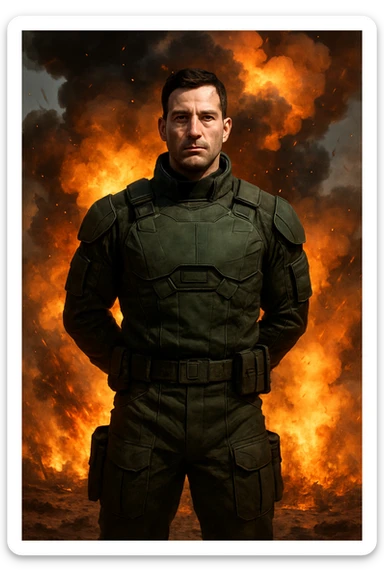 A man facing the camera, wearing dark green sci-fi military fatigues, standing with hands behind his back. Explosions and flames in the background, warzone atmosphere. sticker