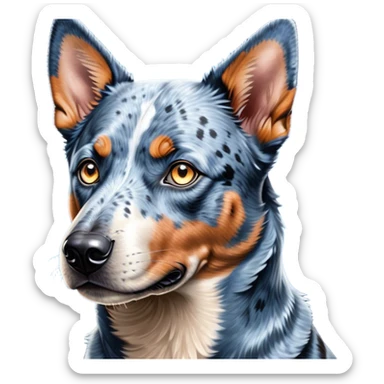 Cinematic Noble Blue Speckle Australian Cattle Dog Portrait Emoji, Poised and regal, with a robust, athletic build and a striking blue speckle Fur, piercing blue eyes, Simplified yet sharp and sophisticated features, highly detailed, glowing with a cool, dignified glow, high shine, intelligent and hardworking, stylized with an air of precision, focused and attentive, soft glowing outline, capturing the essence of a watchful and determined herder, so majestic it feels as though it could leap out of the screen with effortless authority! sticker