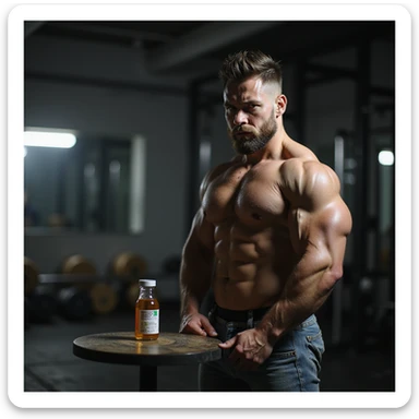 realistic muscular powerlifter with reflective look, bottle of anabolic steroids (AAS) in foreground, gym environment, atmosphere of doubt and temptation, isolated on white background sticker