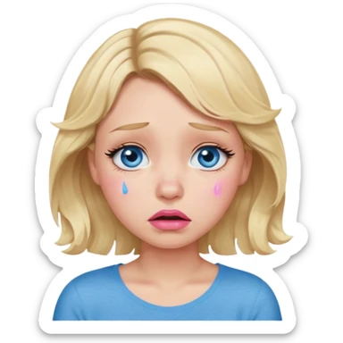 Girl Blonde short wavy hair,  blue eyes, cute blue top, long lashes, pink lips,crying with tears running down the face  sticker