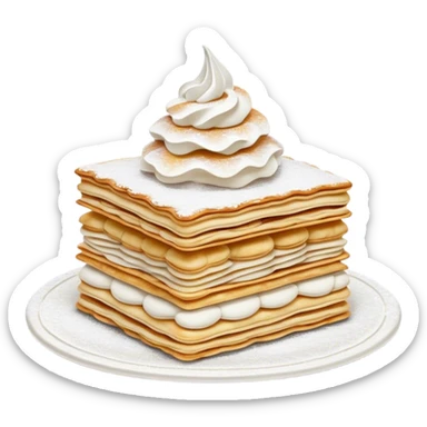 Cinematic Realistic Mille-Feuille Dessert Emoji, depicted as layered puff pastry with rich cream and a dusting of powdered sugar rendered with intricate textures and elegant, soft lighting. sticker