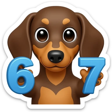A brown dachshund holds a 6 in one paw and a 7 in the other paw, both of which are blue. sticker