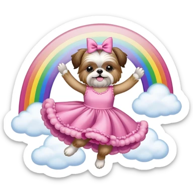 Shih-tzu wearing fluffy pink dress jumping over a rainbow  sticker