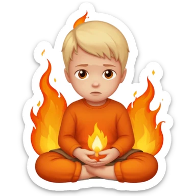 apple style emoji of a small child sitting sadly with fire around sticker