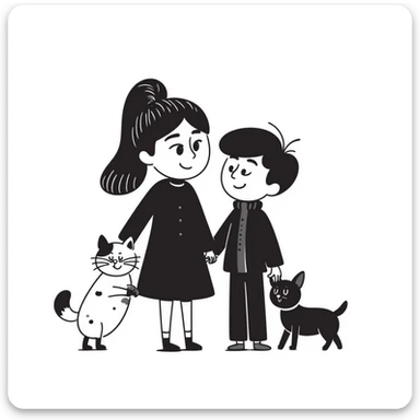 A girl with long brown hair holding the hand of a boy with black hair, both dressed in black, holding a cat and dog sticker