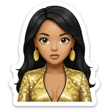 LeToya Luckett with long black hair, gold sequin outfit sticker