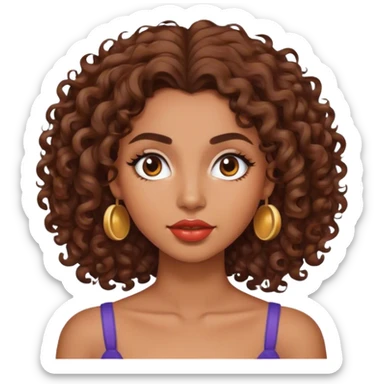 brown skinned woman with shoulder length curly brown hair, round face and beautiful eyebrows and lips sticker