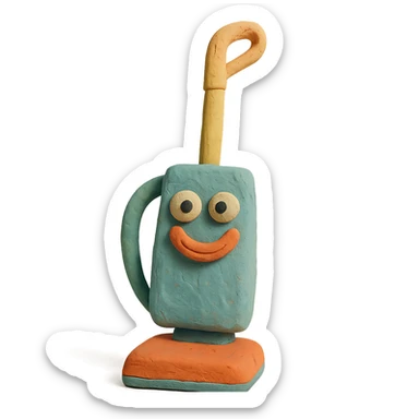 close-up of a playful upright vacuum with an expressive face in claymation style, pastel colors, detailed clay texture sticker