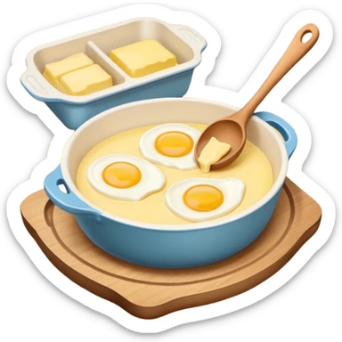 A cream ceramic baking bowl with a wooden spoon in it, a carton of eggs and butter sticker
