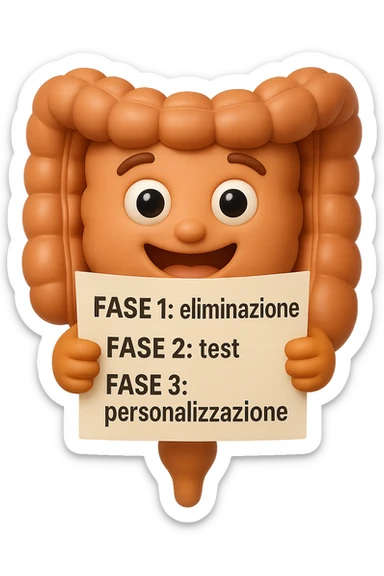emoji stile iphone 3d di un intestino che tiene in mano un foglio con la scritta "FASE 1: eliminazione, FASE 2: test, FASE 3: personalizzazione, IPERREALISTICO 4K sticker