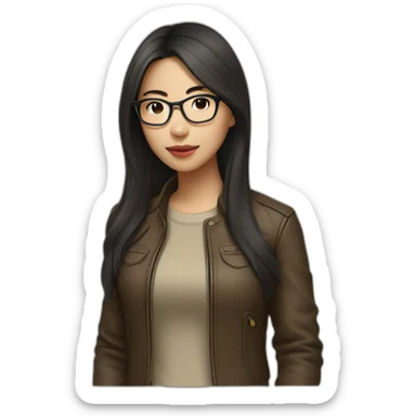 asian girl with glasses and a leather jacket with a  khaki shirt and long dark hair sticker