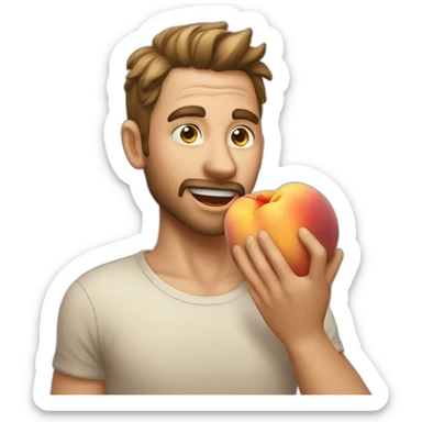 A guy bitting a nice peach sticker