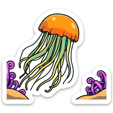 threatening glowing jellyfish with poisonous tentacles about to sting a surprised swimmer in the sea sticker