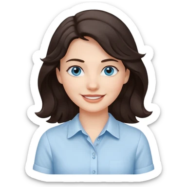 A White girl with wavy and dark hair, light blue eyes and a white shirt smiling sticker