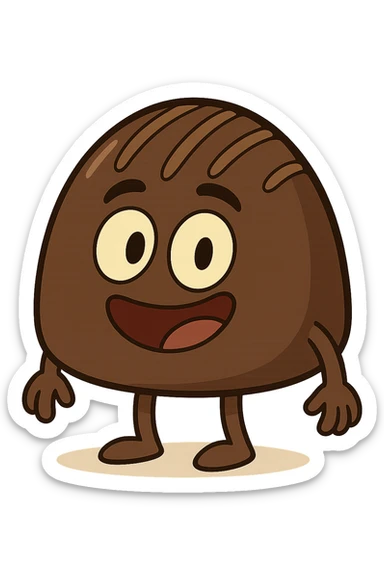 animated chocolate truffle, fun, with eyes and smile, cartoon style sticker