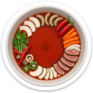 A hot pot emoji in top-down view. The pot is divided into two sections: one with spicy red broth filled with chili peppers, and one with mild white broth. Surround the pot with rolled slices of meat, vegetables, and mushrooms.The meat outside the pot sticker