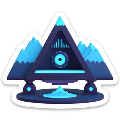 minimalist circular emoji icon for Snypex crypto bot, robotic scanner eye at center, subtle candlestick chart and mountain peak elements, glowing neon cyan and dark navy on black, futuristic clean cybernetic style, readable at small sizes, no text sticker