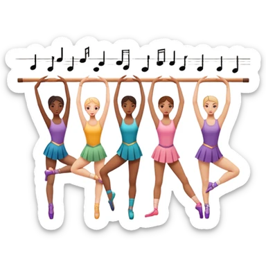 Icon for Choreography: a group of dancers stretching by the wall in a dance studio, with a dance barre, metronome, and musical notes in the background. The icon should represent training, discipline, and teamwork in choreography. Transparent background. sticker