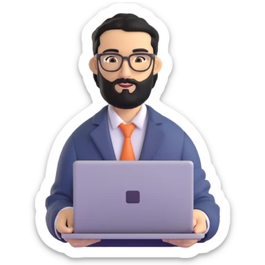 man with medium black beard, black hair, connected unibrow, olive tan skin, brown eyes, glasses, prominent long nose, wearing casual business attire, holding a laptop sticker